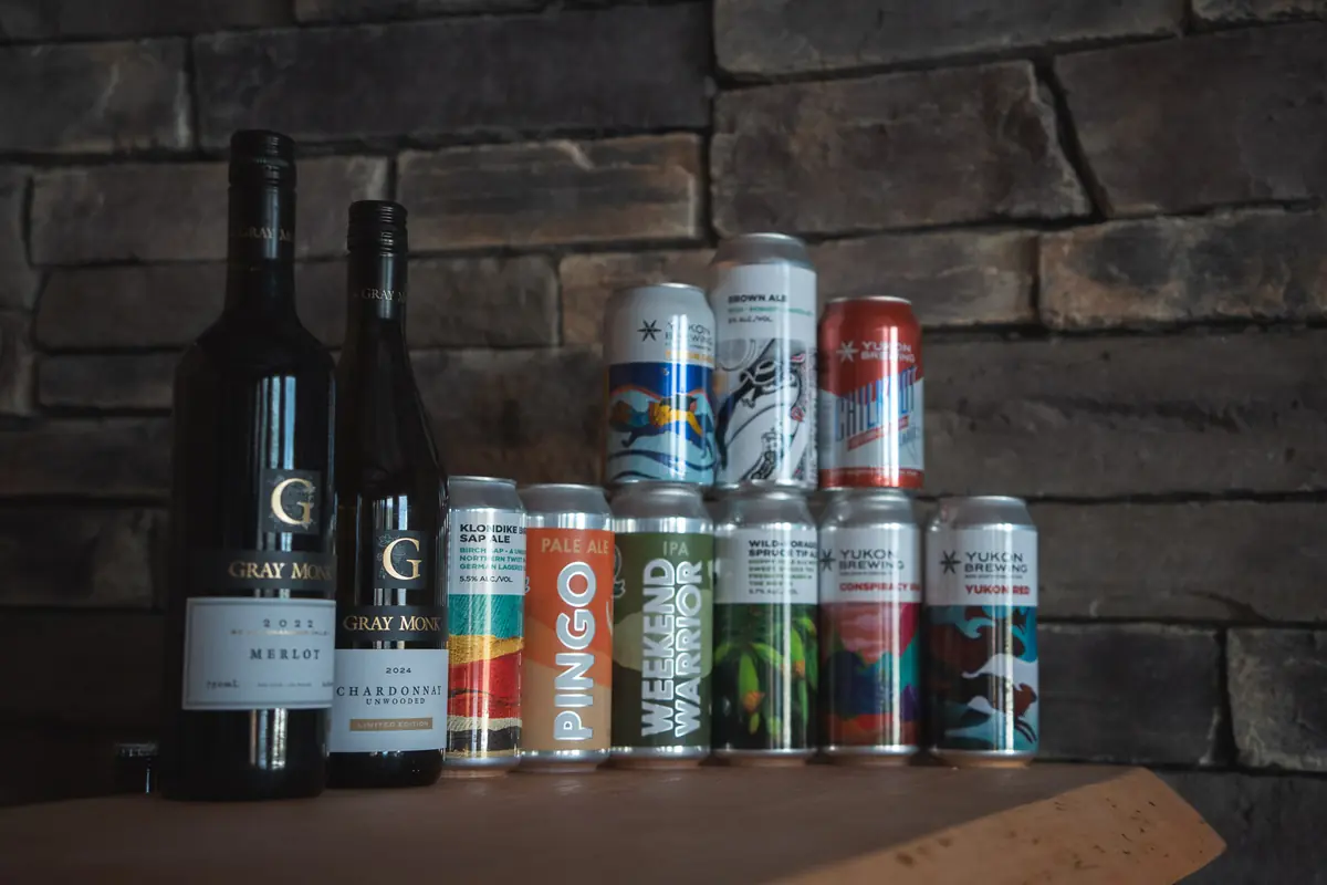 Bottles of wine and cans of Yukon craft beer available from the licensed bar at the Aurora Lounge.